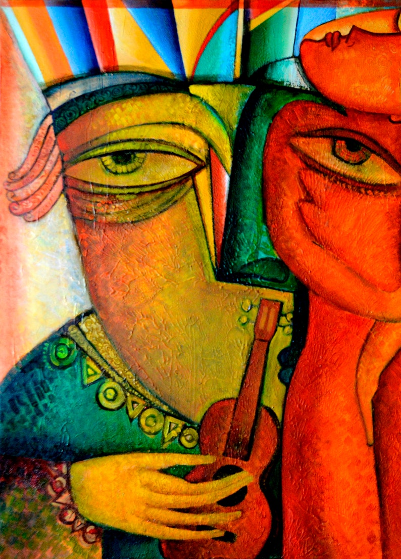 Large Painting Love Couple Painting Guitar Art Cubist Picasso Etsy