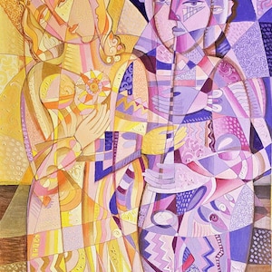 May include: Abstract painting featuring two figures in a geometric style. The artwork uses a palette of warm yellows, oranges, and pinks, contrasted with cool purples and blues. The figures are stylized with angular features and patterned clothing.
