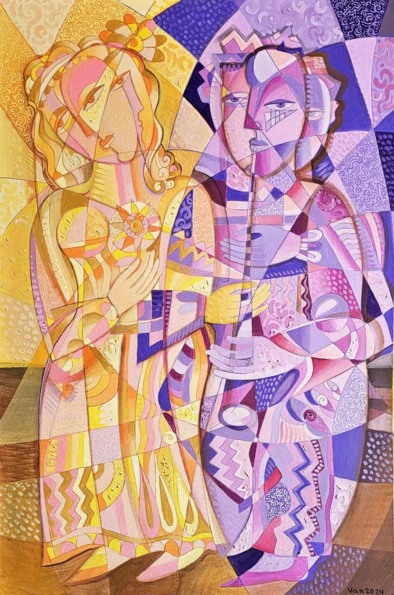 Large painting, original art, cubism  " The Muse and the Musician "  36 x 24 inch, oil, mix media on canvas