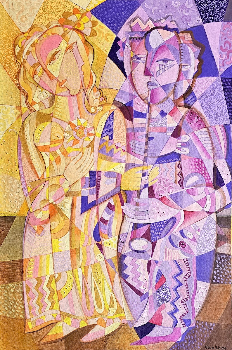 May include: Abstract painting featuring two figures in a geometric style. The artwork uses a palette of warm yellows, oranges, and pinks, contrasted with cool purples and blues. The figures are stylized with angular features and patterned clothing.