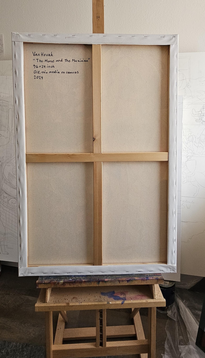 May include: Back of a stretched canvas artwork titled "The Muse and The Musician" by Van Hovak. The canvas is 36 x 24 inches, with oil and mixed media on canvas, dated 2024. The wooden frame is visible.