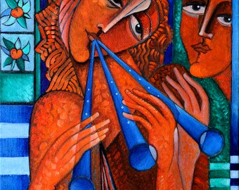 May include: A painting of two people, one playing a blue flute. The painting is done in a stylized, almost cartoonish style. The background is a mix of blue and green stripes.