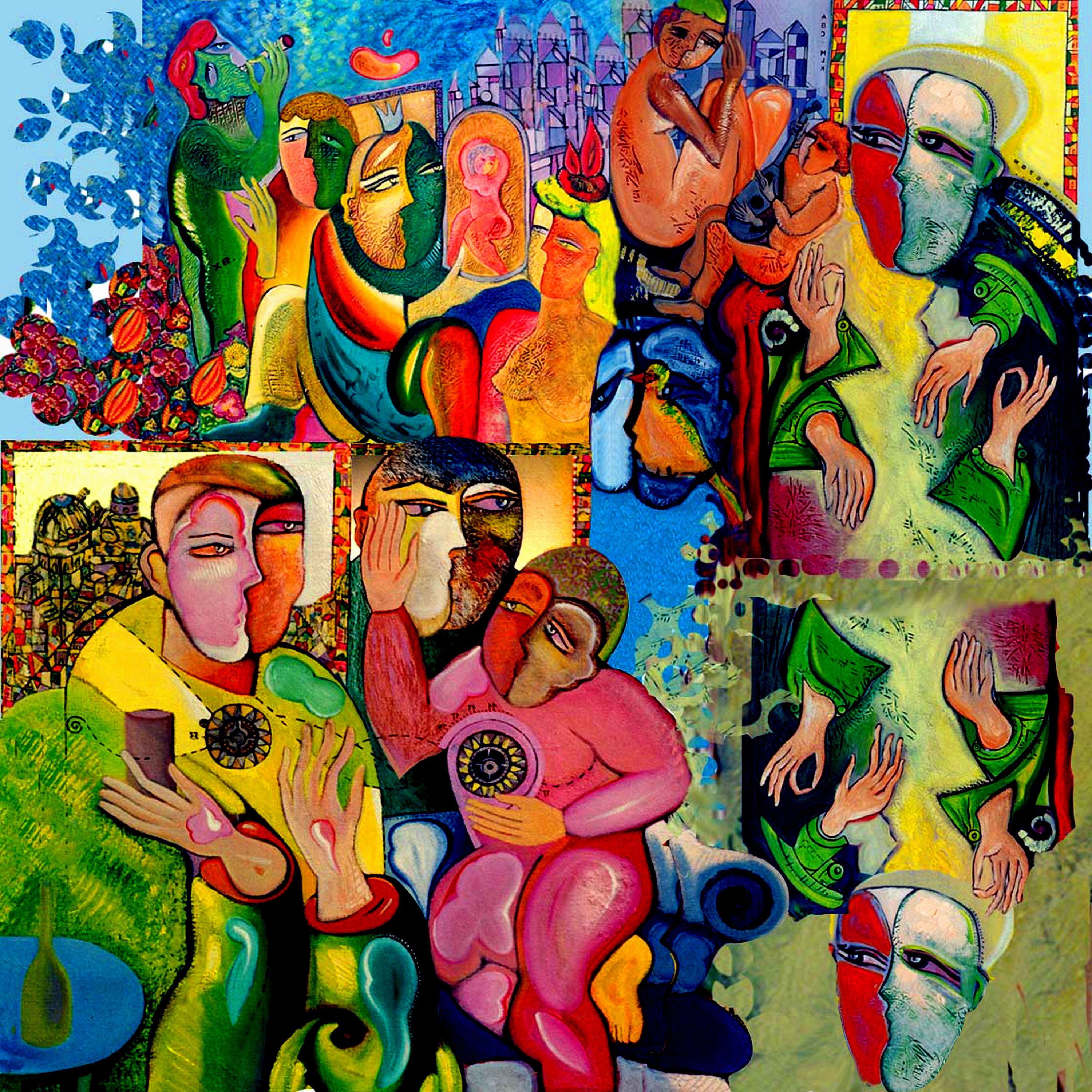 large  art print, Gift Idea, free shipping " Downtown " large artwork. Size 24 x 24 inches