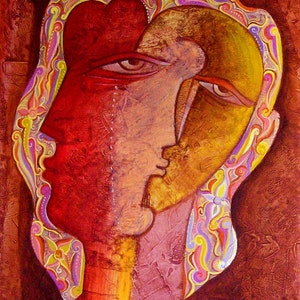 Large textured painting .Cubist painting. Picasso style.  &quot;Dialogue &quot; Romantic Art. Size 19.6 x 27.5 inch (50 x 70 cm)