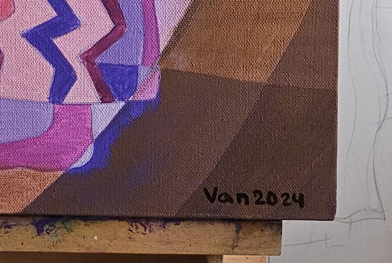 May include: Abstract painting on canvas with geometric shapes in shades of pink, purple, and brown. The artwork features a zigzag pattern and the artist's signature, "Van 2024," in the lower right corner. The canvas is mounted on a wooden frame.