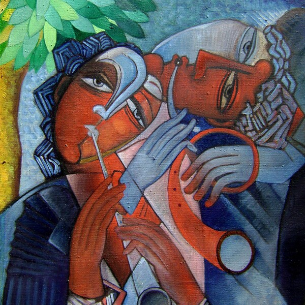 Music art,kids room decor,original textured painting, free shipping. "Song" .Fantasy trumpets,large  artwork.Size 19.6x23.6 inch (50x60 cm)