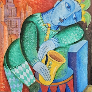 May include: An abstract painting of a blue-faced figure in a green and white diamond-patterned outfit, holding a yellow saxophone. The figure is set against a cityscape and a red and orange background. The painting has a whimsical, artistic style.