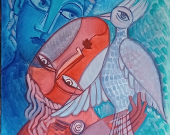Whimsical Bird Oil Painting: Cubist Figurative Art, 20x16 inch