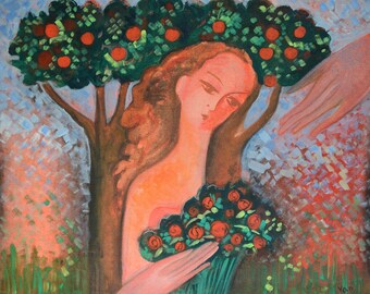 original oil painting Flower art. Girl portrait. Kids room decor Free Shipping &quot; Emotion &quot; 22.4 x 27.1 inch 57x69 cm