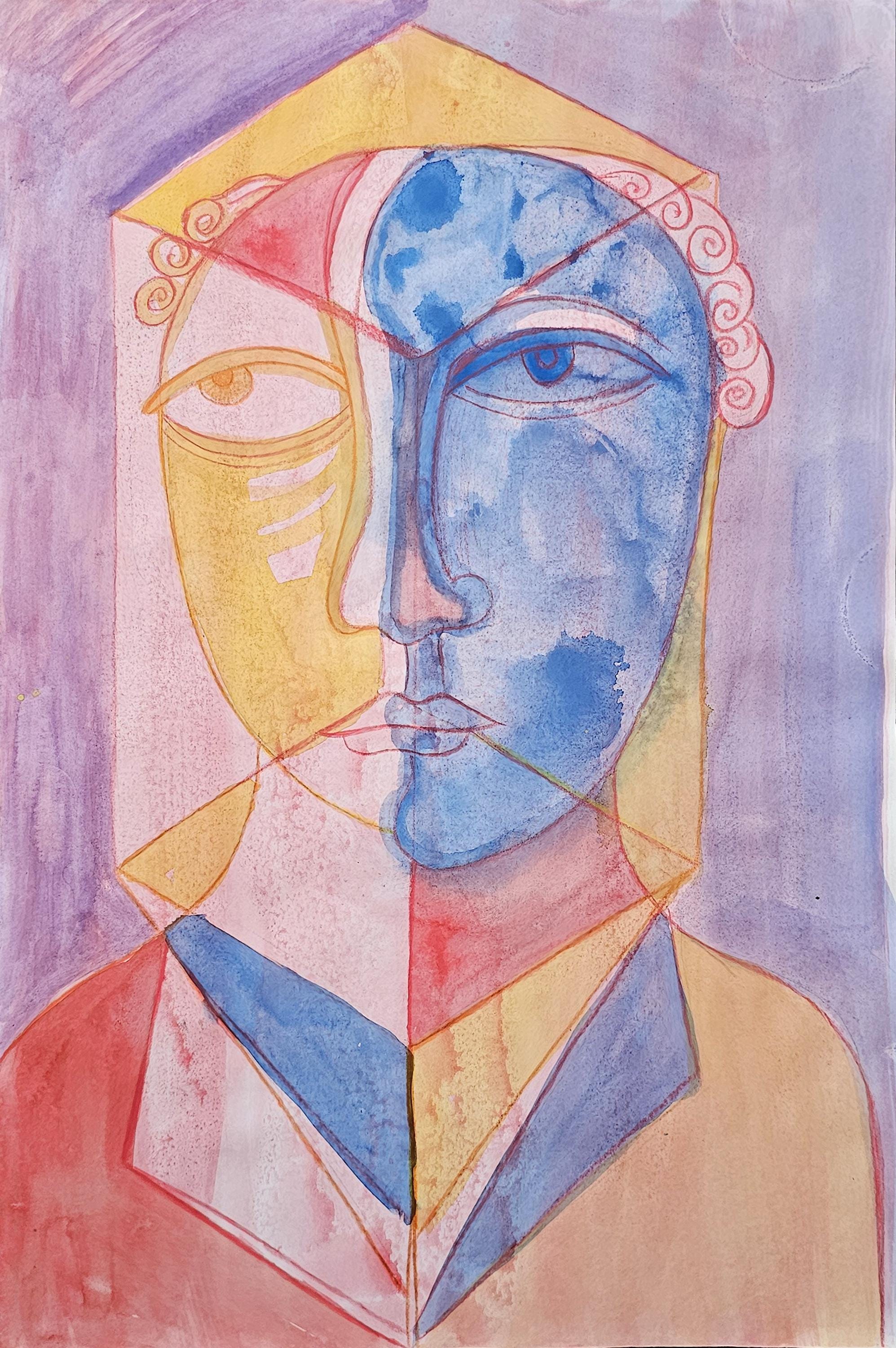 ピカソ風　絵 オリジナルキュビズム絵画：ピカソ風肖像画、18 x 12インチ