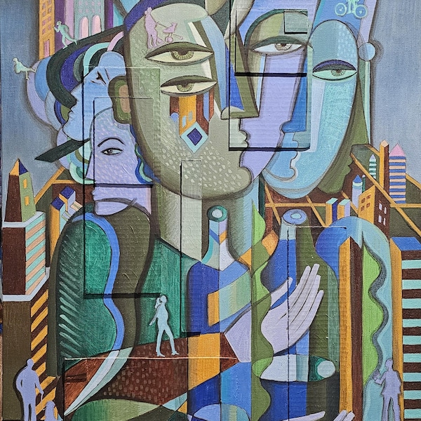 Kubistyczny obraz olejny: „Tajemnicza rozmowa” – płótno 36x24