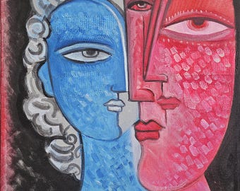 キュビズム絵画「二人の女性」 - カラフルな抽象画ピカソ風キャンバス