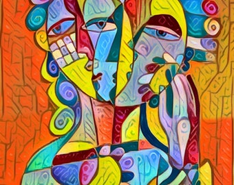 VAN HOVAK "Kiss" Canvas Print: Cubist Picasso Style Art (24 x 18 inch)