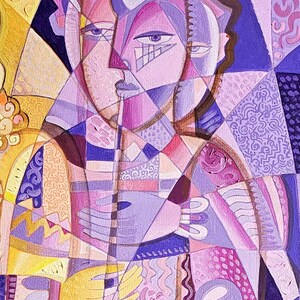 May include: Abstract painting with geometric shapes in shades of purple, pink, and yellow. The artwork depicts two figures with stylized features, and hands. The background features patterned details and a textured appearance.