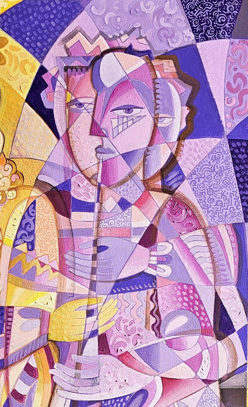 May include: Abstract painting with geometric shapes in shades of purple, pink, and yellow. The artwork depicts two figures with stylized features, and hands. The background features patterned details and a textured appearance.