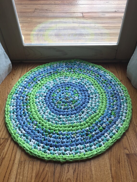 Rag Rug 27 Round Coastal Cottage Blues And Greens Etsy