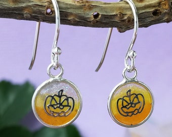 Sterling silver Minimalist Halloween Earrings|| Personalised hook stud Handmade | Recycled pumpkin candy corn| Eco friendly gift under 30 ||