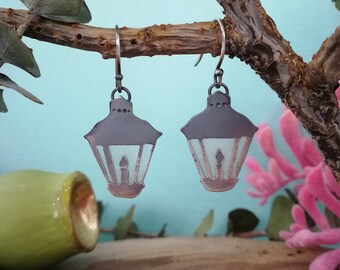 Glowing lantern earrings || Cool unique Handmade Gift | Recycled sterling silver glow in dark | Halloween magic OOAK jewellery ||
