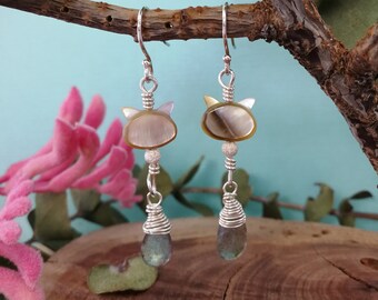 Mother of pearl labradorite cat Earrings|| Colourful unique Handmade | Recycled sterling silver | Eco friendly Christmas gift under 30 ||