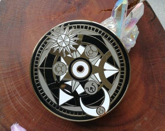 Black Alchemy Summoning Circle enamel lapel pin | Dark witch magic Halloween spells gold hat || Gift under 30