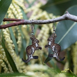 Handmade Wooden Eastern Grey Kangaroo French Hook Earrings I Australian Native Animals