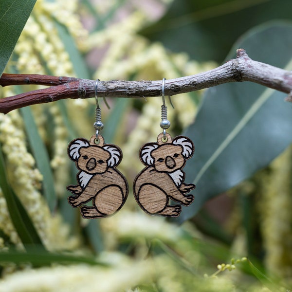 Handmade Wooden Koala French Hook Earrings I Australian Native Animals
