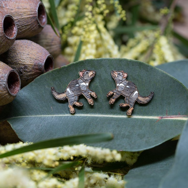 Handmade Wooden Tasmanian Devil Stud Earrings I Australian Native Animals