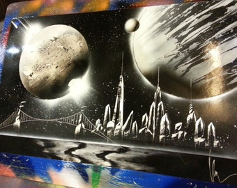 THE CITY - Spray Paint Art - Canvas 16 in x 20 in - Space Painting - Free Shipping