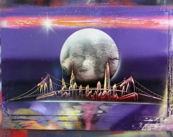 SKYLINE - Spray Paint Art - Canvas 16 in x 20 in - Space Painting - Free Shipping