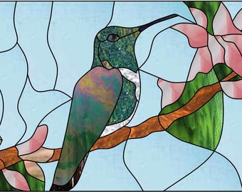 Buntglas-, Mosaik- oder Quiltmuster, Kolibri rosa Blume, digitaler Download