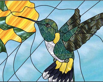 Buntglas-, Mosaik- oder Quiltmuster, Kolibri gelbe Trompete, digitaler Download