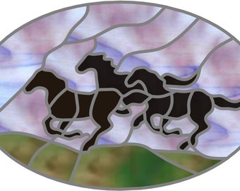 Stained glass, mosaic, or quilt pattern, Running horses, digital download