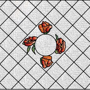 May include: A stained glass window design with a diamond pattern and four red roses surrounding a circle in the center.