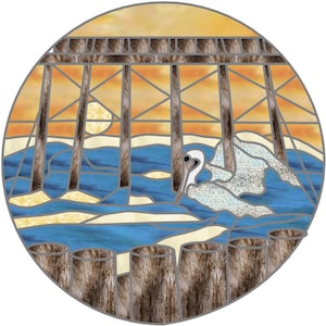 May include: A stained glass window design featuring a pelican perched on a wooden pier over a blue ocean with a sunset in the background.