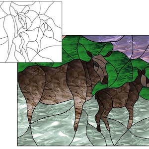 May include: A stained glass image of a brown moose and her calf standing in a green forest. The background is a purple and blue sky.