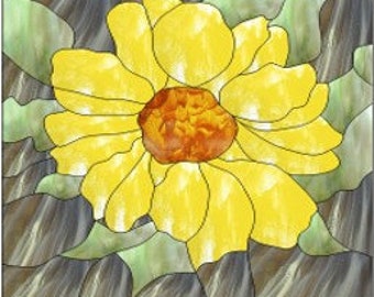May include: A stained glass window design featuring a yellow flower with a red center, surrounded by green leaves and brown rocks.