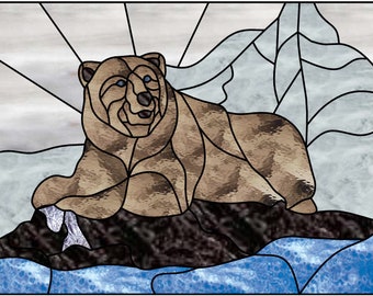 Stained glass, mosaic, or quilt pattern, bear fishing, digital download