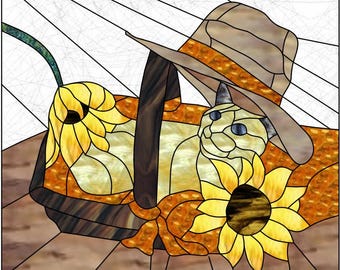 Buntglas-, Mosaik- oder Quiltmuster, Gartenhut mit Blumen und Katze, digitaler Download