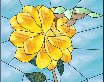 Buntglas-, Mosaik- oder Quiltmuster, gelbe Blume des Kolibris, digitaler Download