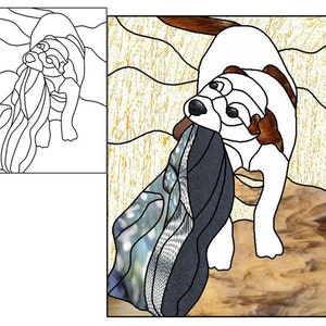 Puede incluir: Una ilustración de vitral de un perro blanco con orejas marrones, sosteniendo una roca azul y verde en su boca. El perro está de pie sobre una roca marrón con un fondo amarillo.