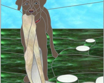 Mosaik-, Glasmalerei- oder Quiltmuster, Chocolate Lab Picnic, digitaler Download