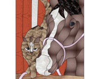 Stained glass, mosaic, or quilt pattern, Ranch House Cat and Horse, digital download