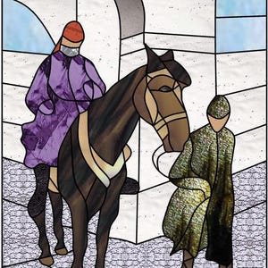 May include: A stained glass illustration of a person riding a brown horse with a purple coat and a second person standing nearby wearing a green coat.
