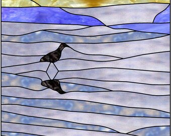 Patrón de vidrieras, mosaicos o colchas, paseo por la playa, descarga digital