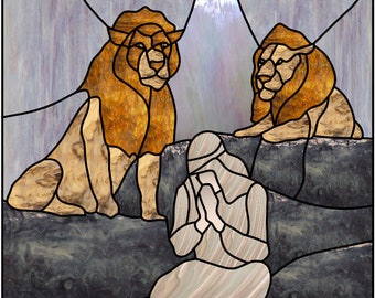 Stained glass, mosaic, or quilt pattern from the Bible Book of Daniel featuring Daniel in the Lions' Den, digital download