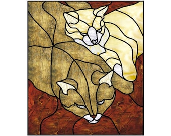 Stained glass, mosaic, or quilt pattern, Cat pair, digital download