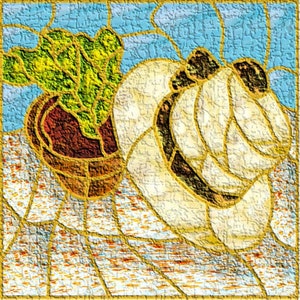 May include: A stained glass style image of a white hat with a brown band and a green plant in a brown pot.