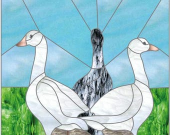 Mosaik-, Glasmalerei- oder Quiltmuster, Schneegänse in der Pfütze, digitaler Download