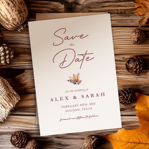 Cartes "Retenez cette date" d'automne minimalistes avec enveloppes | Feuilles d'oranger d'automne, faites-part de mariage pour une soirée ou un week-end, réservez vos dates