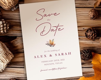 Minimalist Fall Save the Date Cards with Envelopes | Autumn Orange Leaves Save the Evening or Weekend, Save the Dates Wedding Announcement